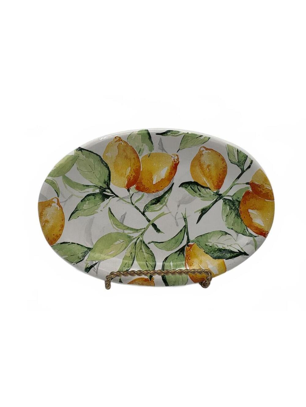 Set of 2 Lemon Garden Ceramic Oval Serving Platter with Lemon and Leaf Design